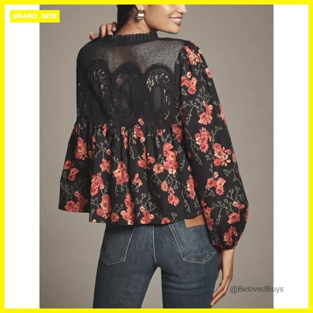 Floral Lace Blouse Long Sleeve Crew Neck Loose Fit Bohemian Top - Picture 2 of 5